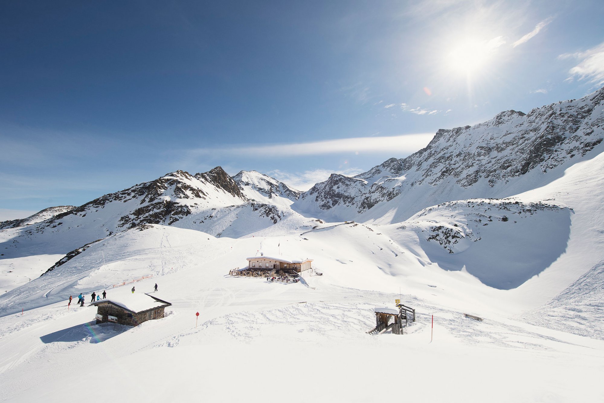 Our Drei Seen Hütte hut in the middle of snow, in the Tyrolean Mountains.